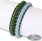 Trendy design simple 2 pièces Single Strand Roung Jade perlé le bracelet en cuir