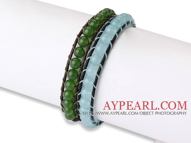 Trendy Einfache Design 2 Stück Single Strand Roung Jade Perlen Leder-Armband
