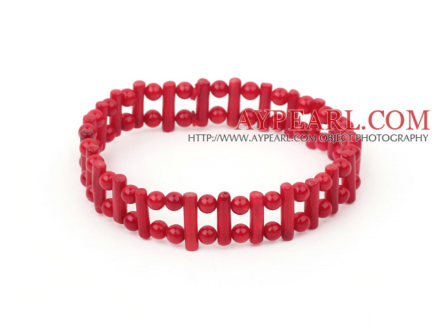 Fashion Double Strands Round And Firecracker Shape Red Coral Elastic Bangle