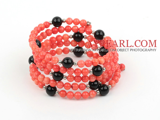 multi strand black agate and red coral bangle