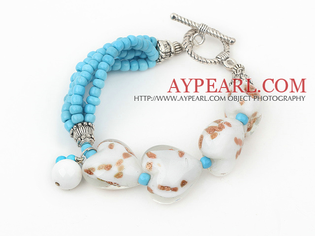 blue turquoise heart colored glaze bracelet with toggle clasp