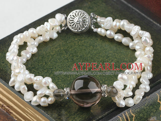 3 strand natural white pearl and smoky quartze bracelet