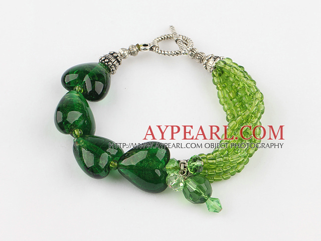 green crystal heart colored glaze bracelet with toggle clasp