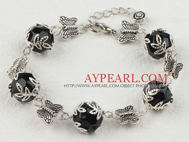 black crystal tibet silver butterfly bracelet with extendable chain