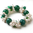 Assorted White Freshwater Pearl and Big Green Agate Stretch Bracelet