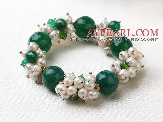 Assorted White Freshwater Pearl and Big Green Agate Stretch Bracelet