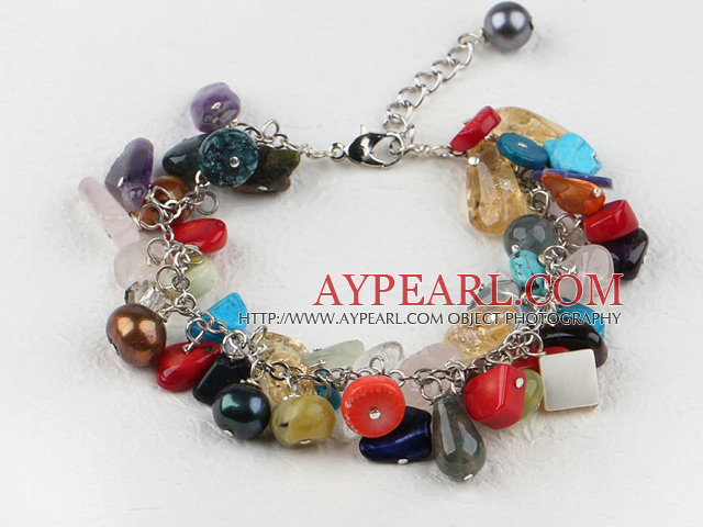 dyed multi color pear shell and stone chips bracelet with extendable chain