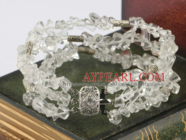 Multi Strand White Clear Crystal Chips Wrap Bracelet With 3-Row Clasp