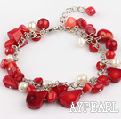 白い真珠と拡張チェーンと赤珊瑚のブレスレット