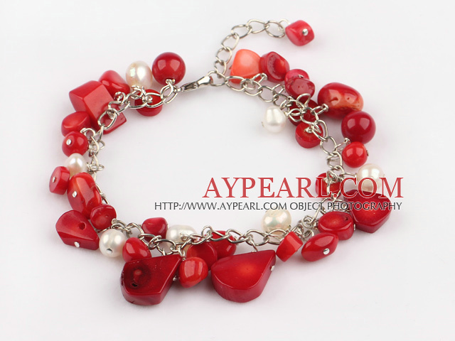 white pearl and red coral bracelet with extendable chain