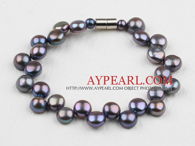 Fashion 7-8Mm Black Freshwater Mabe Pearl Beaded Bracelet With Magnetic Clasp