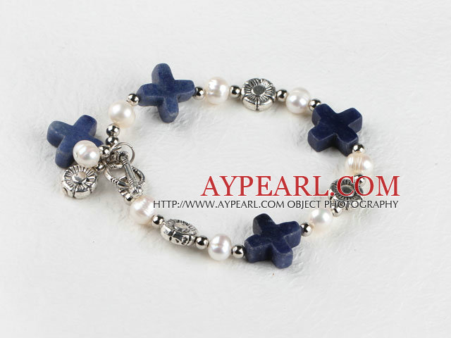 Beautiful White Freshwater Pearl And Cross Shape Sodalite Stone Bracelet