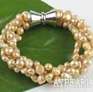 multi strand champagne color pearl bracelet with magnetic clasp