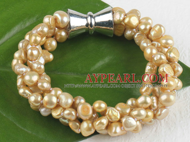 multi strand champagne color pearl bracelet with magnetic clasp