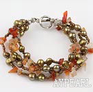 multi strand natural agate and brown pearl bracelet with toggle clasp