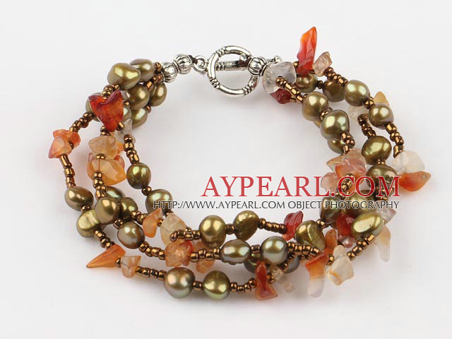 multi strand natural agate and brown pearl bracelet with toggle clasp