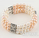 Classic 6-7Mm 3 Strand White And Pink Freshwater Pearl Elastic Stretch Bangle Bracelet