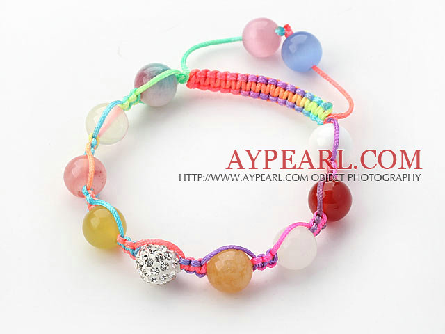 10mm Multi Color Stone et perles blanches en strass Bracelet avec cordon de serrage réglable