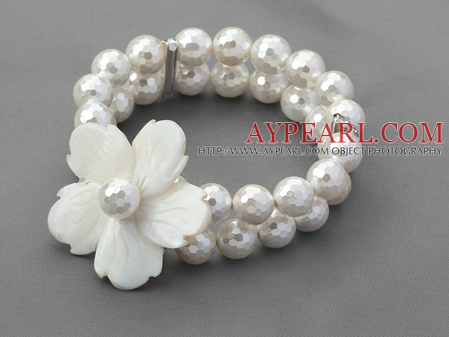 Double Strands Faceted White Seashell and White Shell Flower Stretch Bracelet