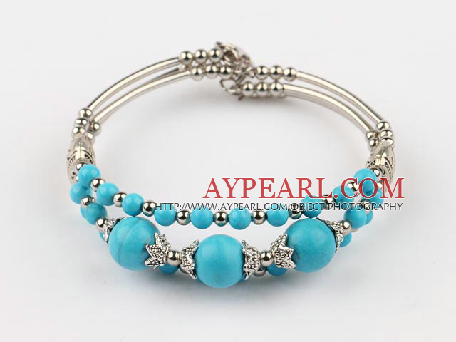 Beautiful Multi Strand Blue Round Turquoise And Silver Metal Charm Bangle