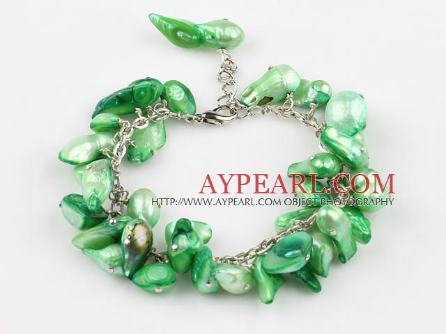 irregular shape dyed green pearl bracelet with extendable chain