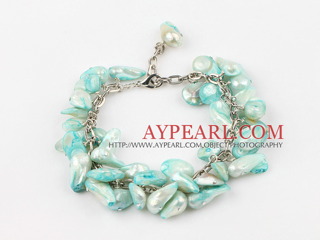 irregular shape dyed sky blue pearl bracelet with extendable chain