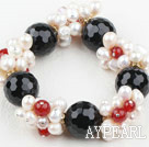 Assorted White Freshwater Pearl and Big Black Agate Stretch Bracelet