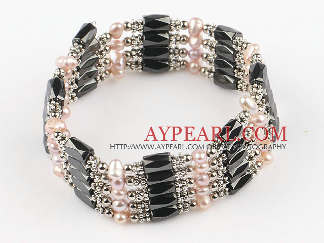 3-4Mm Pink Freshwater Pearl Hematite And Metal Beads Magnetic Bracelet