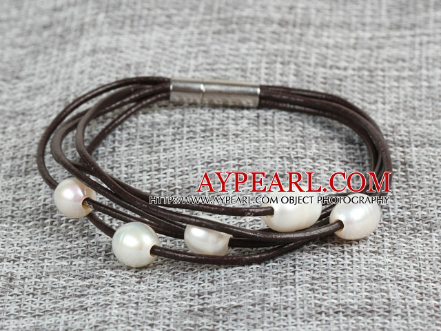 8-9mm simple bracelet en cuir naturel blanc perle d'eau douce élégante