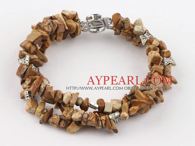 Nice 3 Strands Brown Pictuer Jasper Chips Wrap Bangle Bracelet