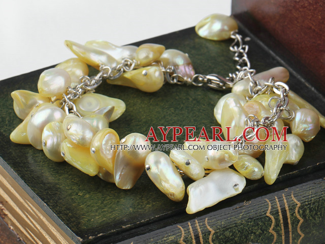 irregular shape dyed light yellow pearl bracelet with extendable chain