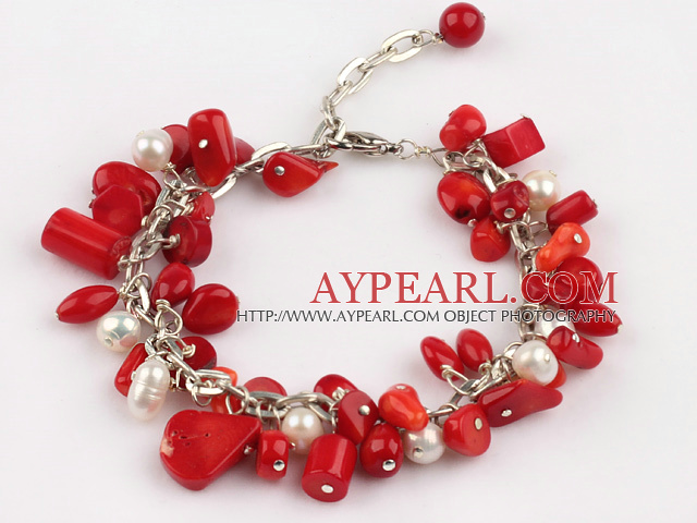 white pearl and red coral bracelet with extendable chain