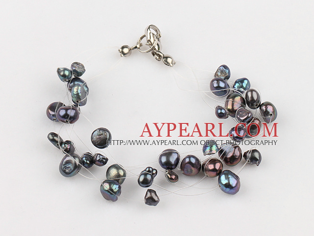 Fashion Multi Strand Black Freshwater Pearl Threaded Bracelet With Lobster Clasp 