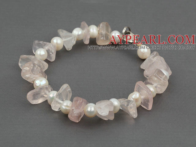 Lovely White Freshwater Pearl And Irregular Shape Rose Quartz Bracelet With Lobster Clasp