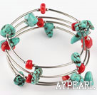 Beautiful Multi Strand Red Coral And Turquoise Wired Wrap Bangle Bracelet