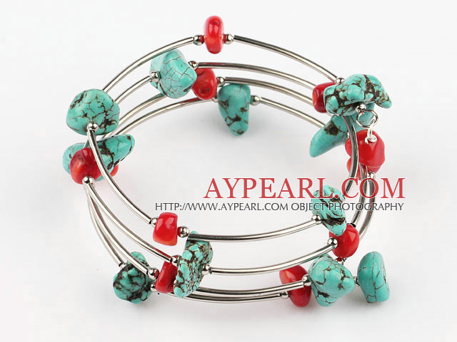 Beautiful Multi Strand Red Coral And Turquoise Wired Wrap Bangle Bracelet