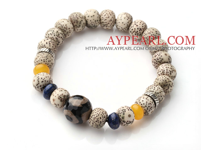 Style vintage Single Strand laisse les perles Bodhi et de lapis-Agate bracelet élastique 