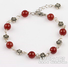 Beautiful Round Red Agate And Flower Charm Bracelet With Extendable Chain