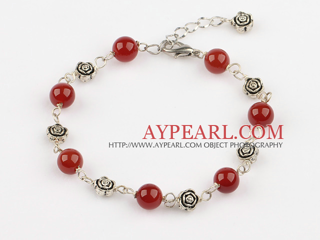 Beautiful Round Red Agate And Flower Charm Bracelet With Extendable Chain