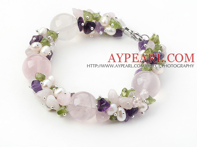 Pink Series Assorted Amethyst and Rose Quartz and Peridot Bracelet