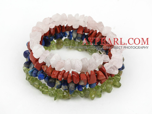 Multi Strand Rose Quartz Red Jasper Lapis And Yellow Olive Chips Stone Elastic Wrap Bracelet