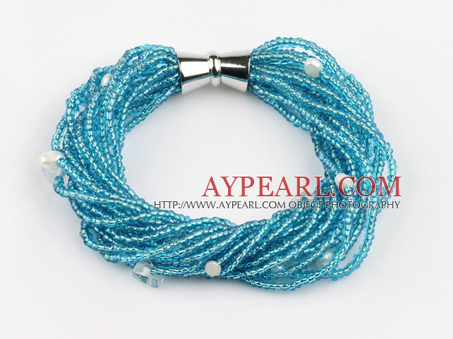 sky blue lampwork glass beads pearl bracelet with magnetic clasp