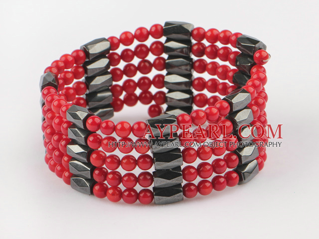 Beautiful Multi Strand 4Mm Round Red Coral And Black Magnetic Wrap Bangle 