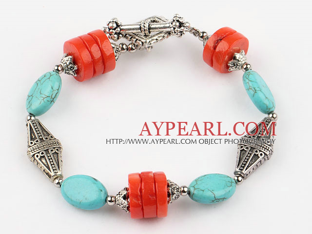 turquoise and coral bracelet with toggle clasp