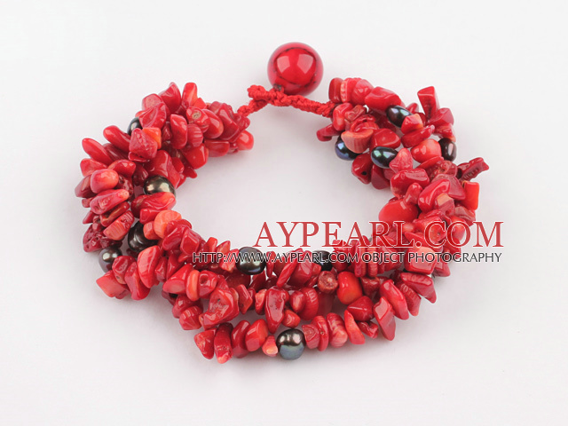 multi tråd sort perle og rød korall armbånd