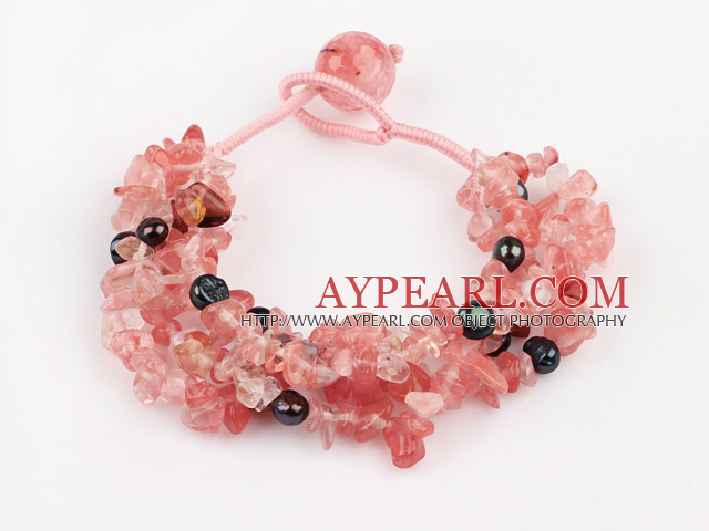 Nice Black Freshwater Pearl And Cherry Quartz Chips Threaded Bracelet