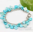 dyed blue pearl and shell bracelet with toggle clasp