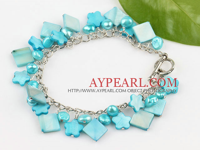 dyed blue pearl and shell bracelet with toggle clasp