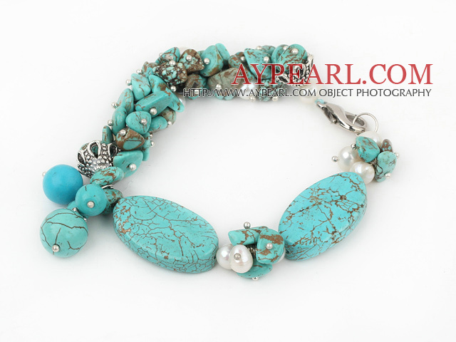 white pearl and burst pattern turquoise bracelet with lobster clasp