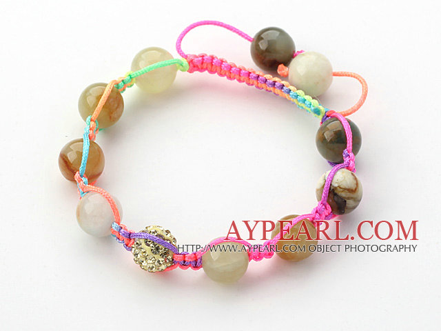 Multi Color 10mm Round Colorful Jade Stone and Rhinestone Beads Adjustable Drawstring Bracelet